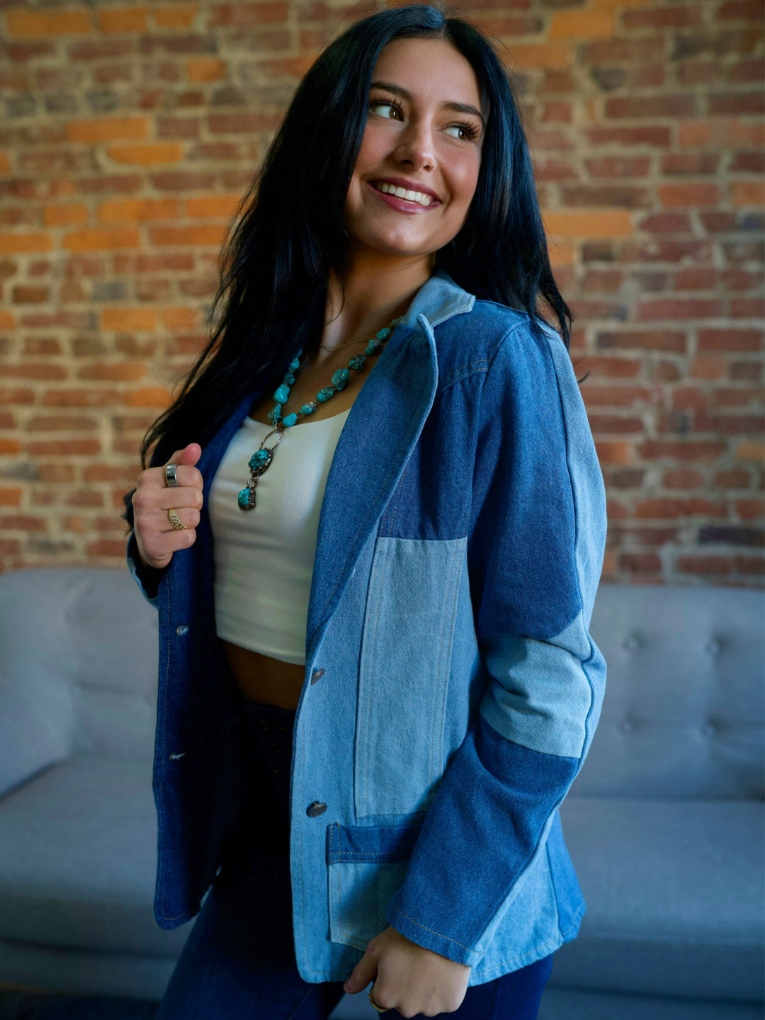 Two-Toned Patchwork Denim Blazer