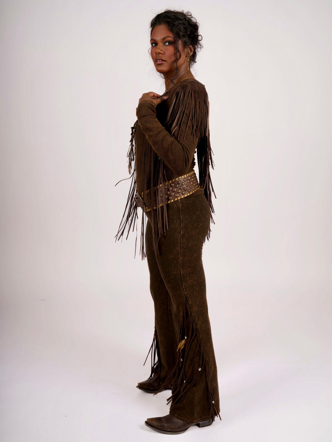 Handcrafted Chocolate Suede Shoulder Fringe Collar by Pat Dahnke