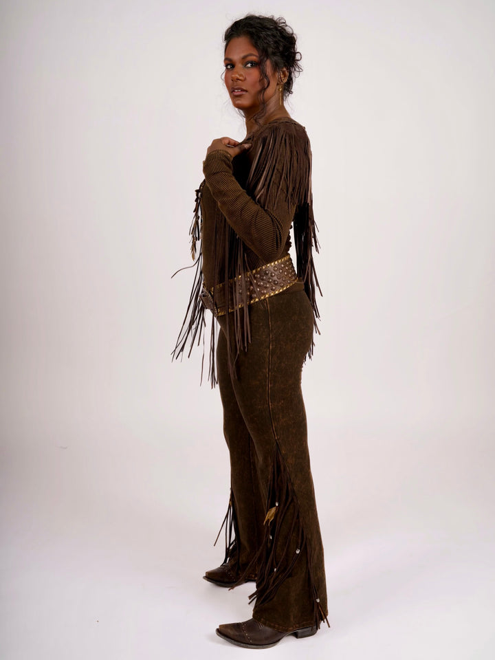 Handcrafted Chocolate Suede Shoulder Fringe Collar by Pat Dahnke