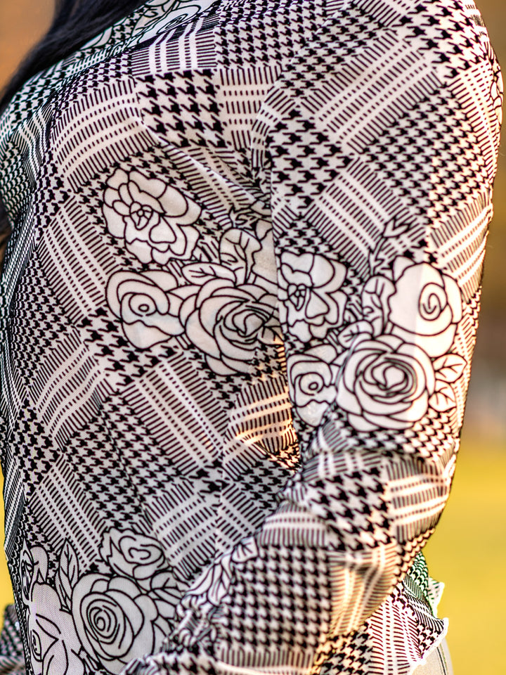 Plaid Floral Velvet Overlay Mesh Long Sleeve Top