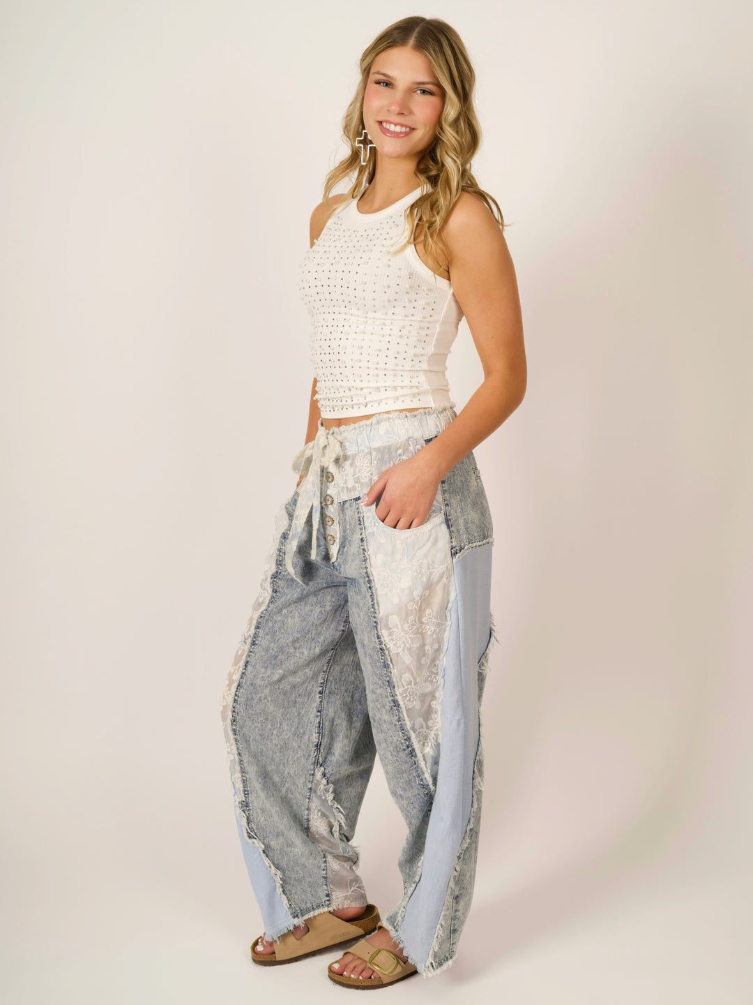 POL Boho High-Waist Wide-Leg Lace Patchwork Denim Pants