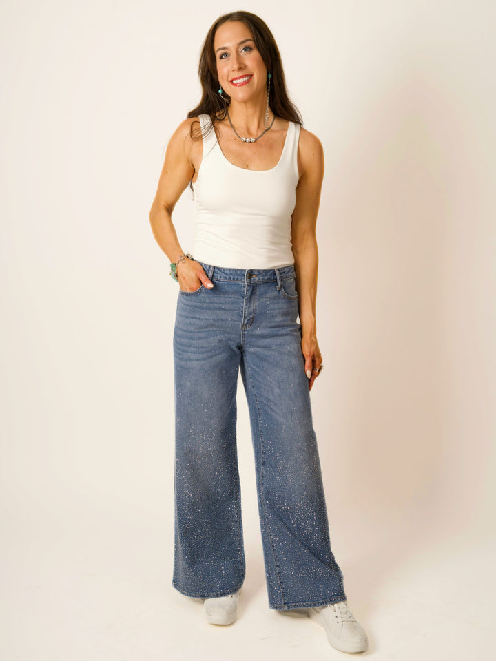 Medium Wash Rhinestone Wide Leg Jeans