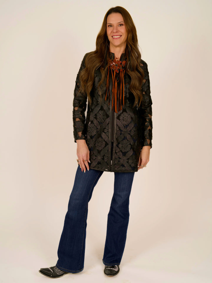 Black Laser Cutout Leather Jacket