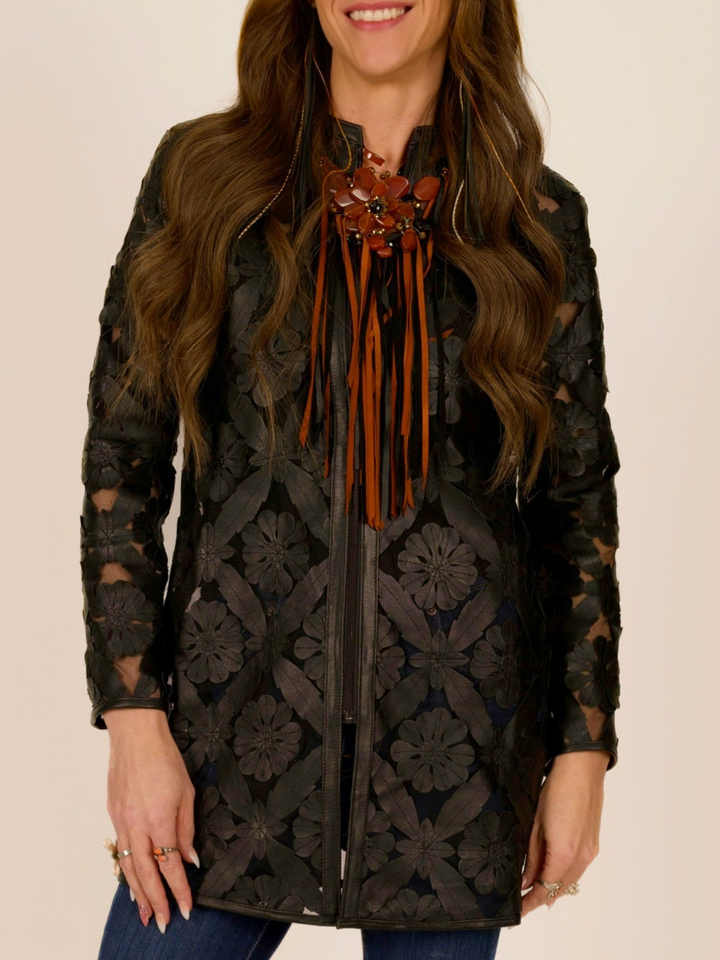 Black Laser Cutout Leather Jacket