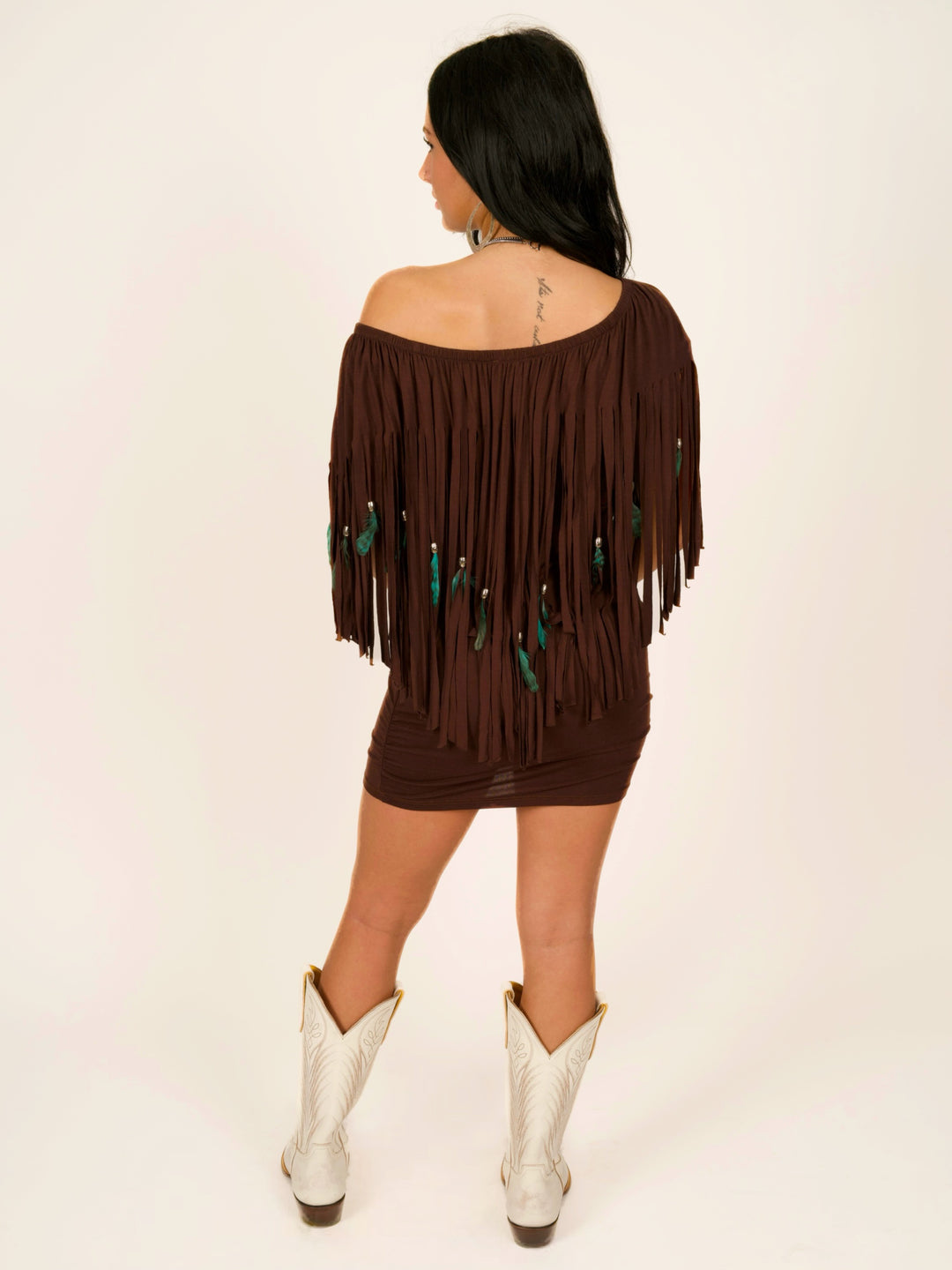 Feather & Fringe Peasant Body-con Mini Dress