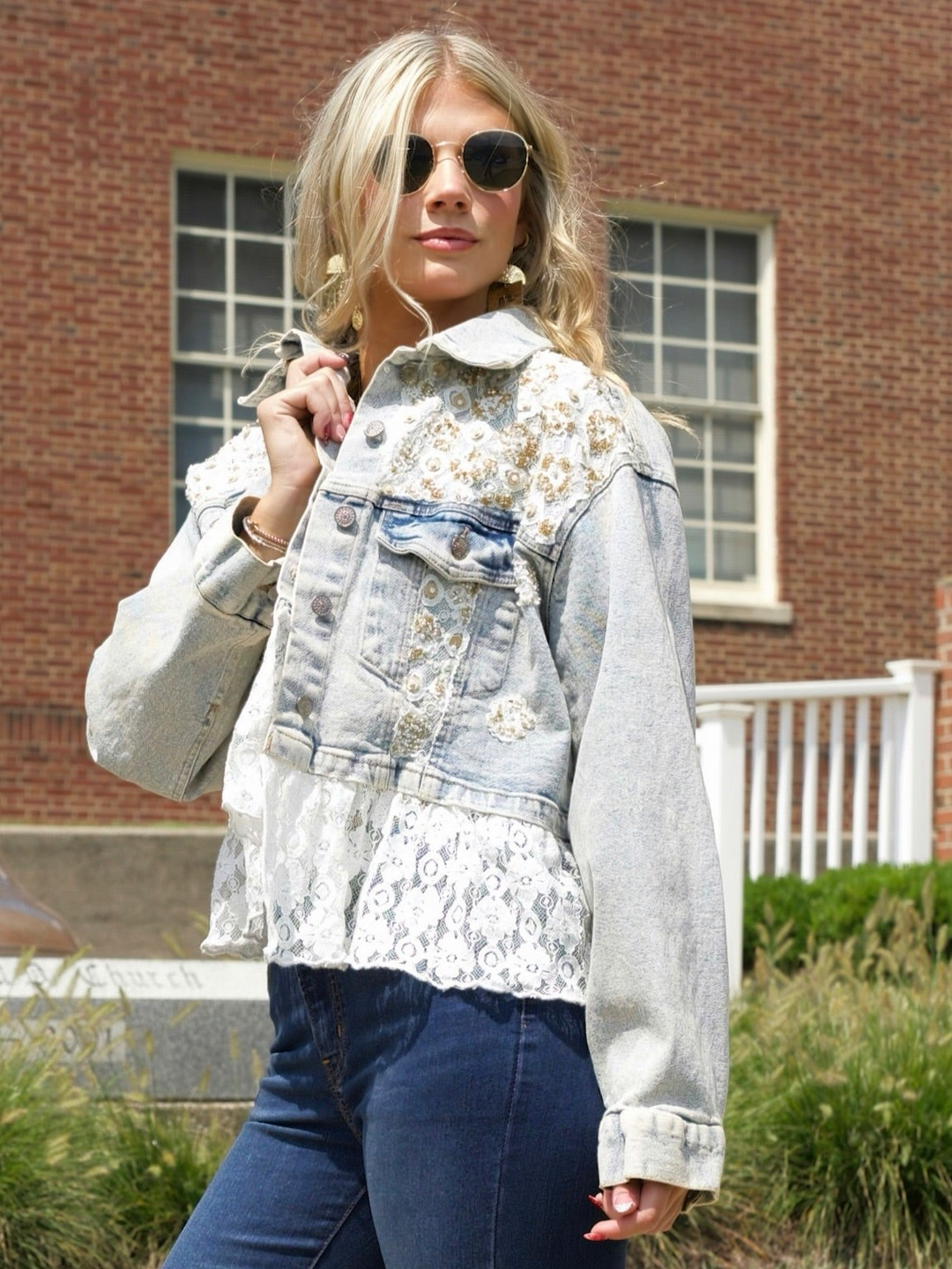 POL Sparkle & Lace Denim Jacket