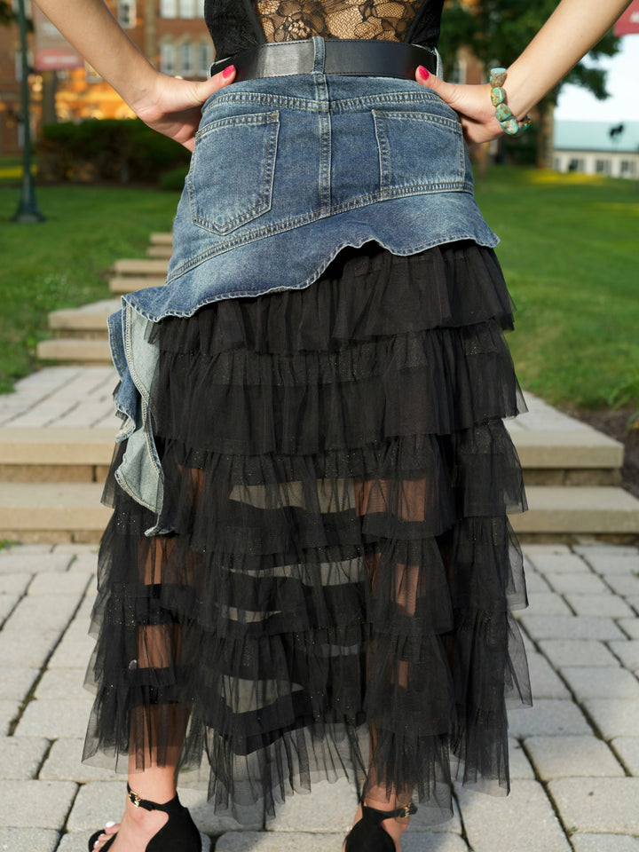 Grunge Glam Denim & Tulle Layered Maxi Skirt