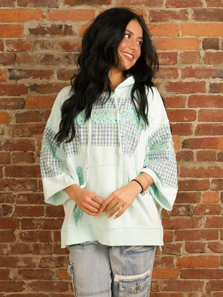 Mint Blue Oversized Floral Print Hooded Pullover