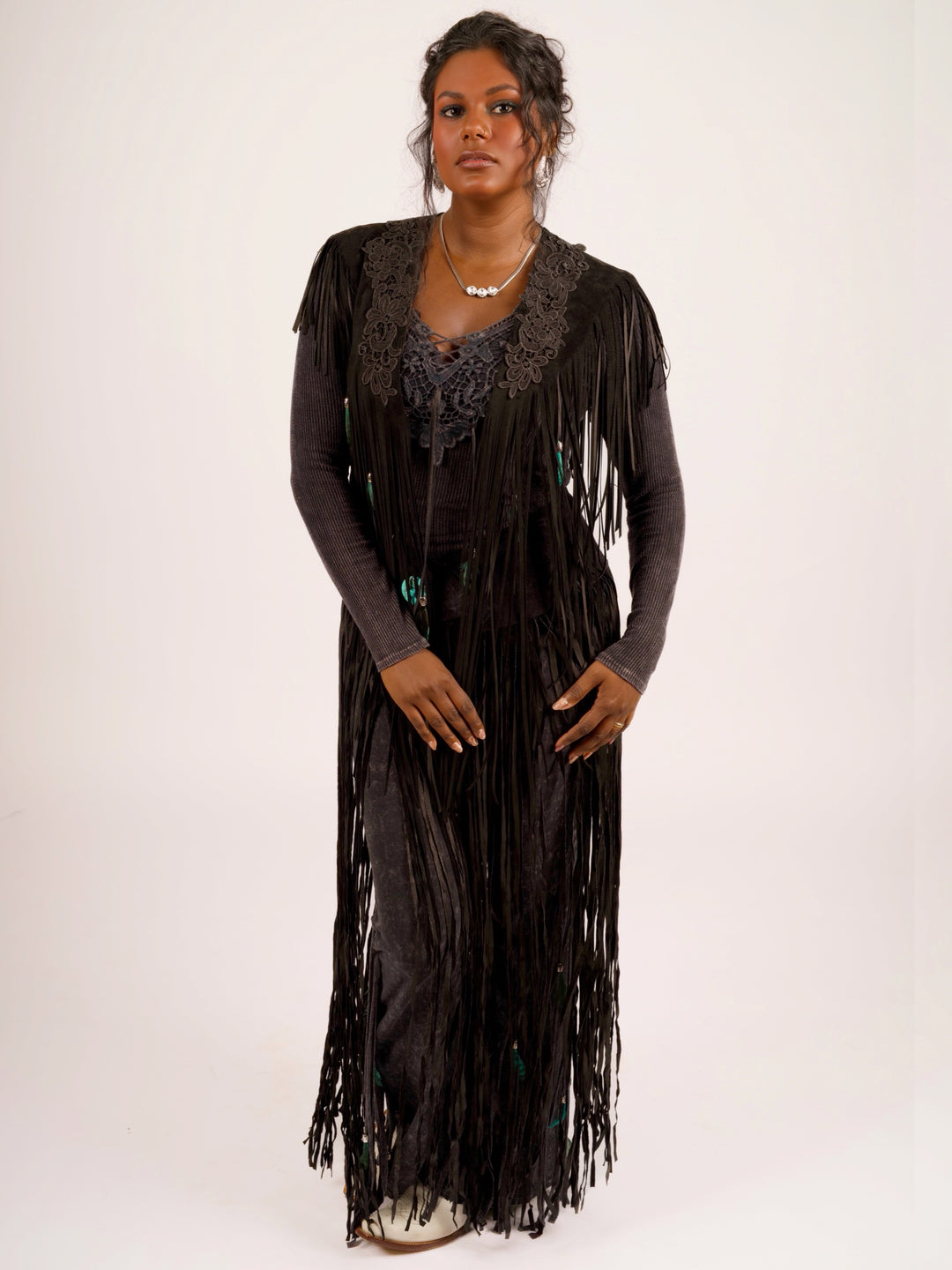 Handcrafted Black Suede Shoulder Fringe Collar by Pat Dahnke