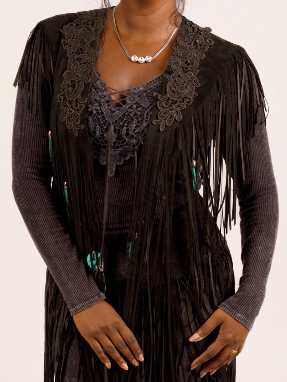 Handcrafted Black Suede Shoulder Fringe Collar by Pat Dahnke
