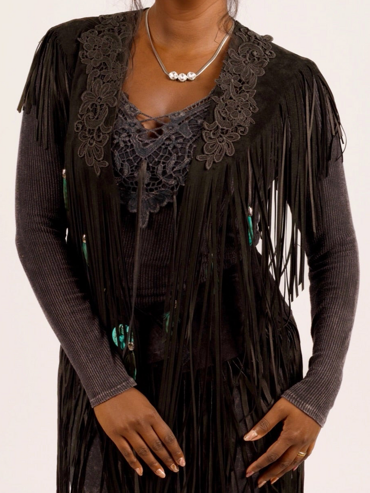 Handcrafted Black Suede Shoulder Fringe Collar by Pat Dahnke