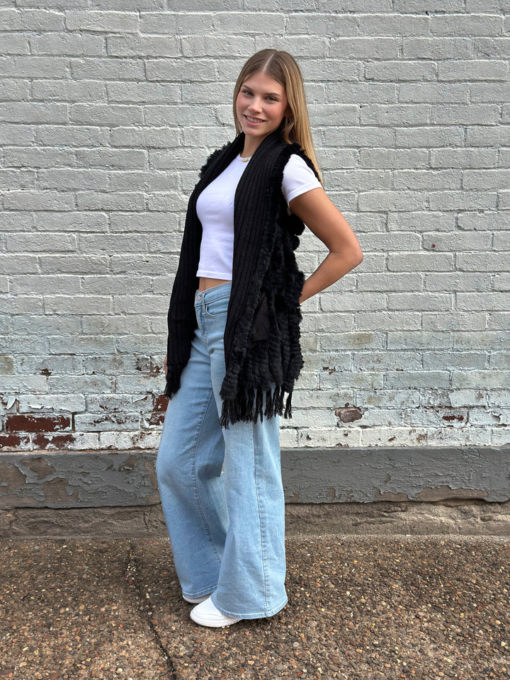Black Rex Rabbit Pocket Shawl Vest