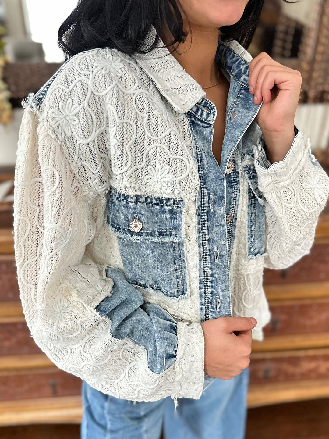 POL Dreamy Denim Lace Jacket