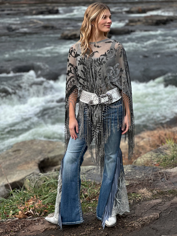 Burnout Velvet Poncho with Fringe