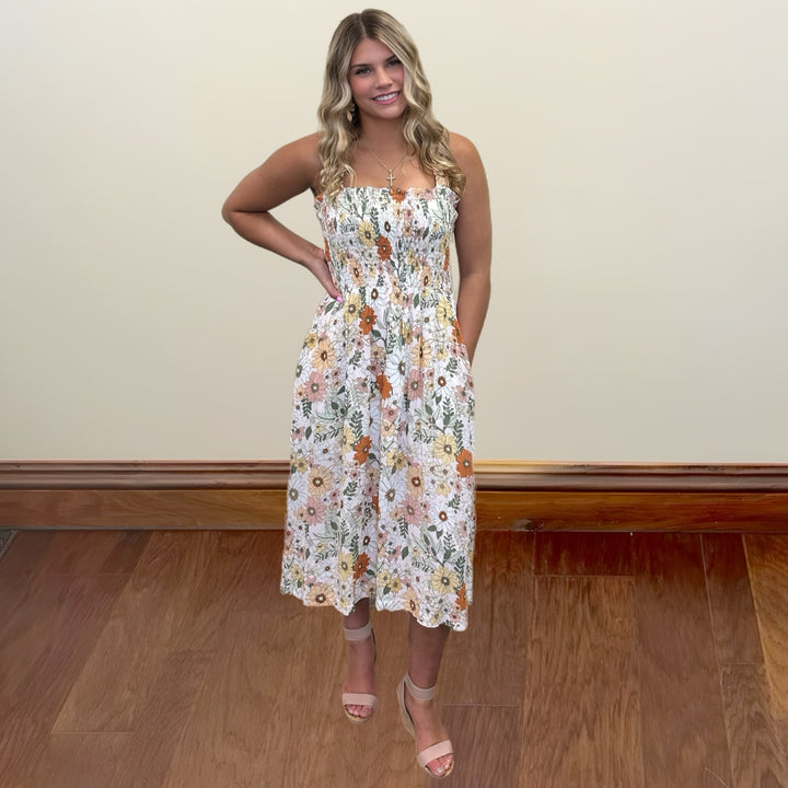 Smocked Floral A Line Midi Dress