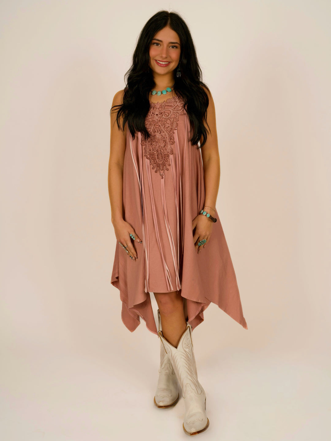 Pink Shark Bite Sleeveless Designer Dress with Pigsuede Fringe & Lace Neckline
