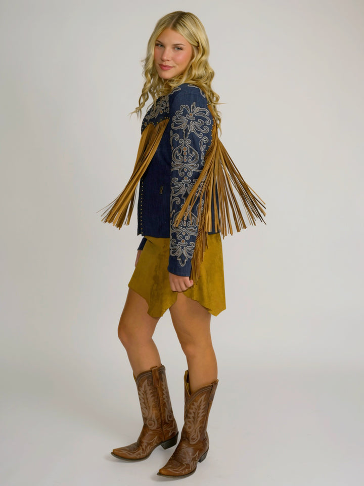 Western Cowgirl Embroidered Leather Fringe Jacket