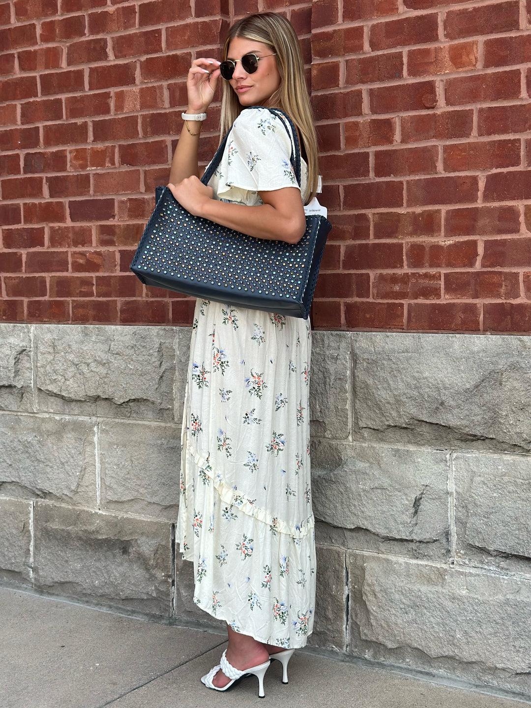 Ivory Floral Front Twist Eyelet Maxi Dress