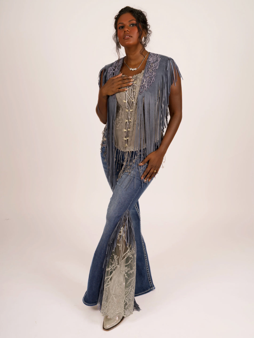 Handcrafted Denim Blue Suede Shoulder Fringe Collar by Pat Dahnke