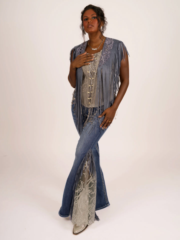 Handcrafted Denim Blue Suede Shoulder Fringe Collar by Pat Dahnke
