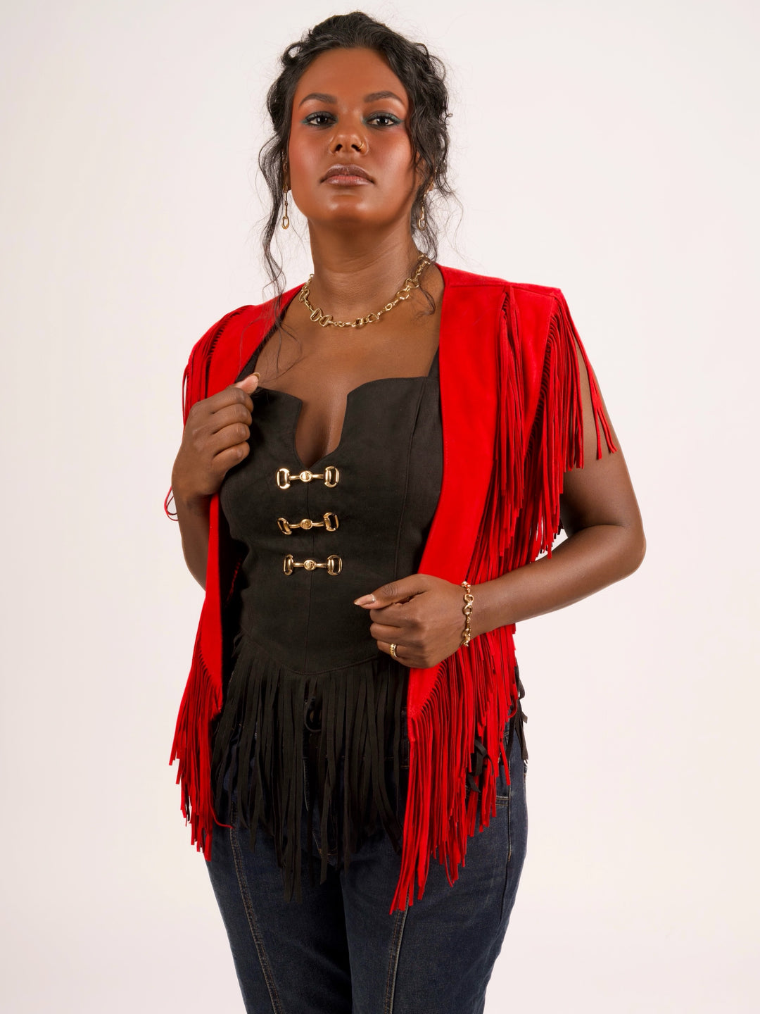 Handcrafted Red Suede Leather Fringe Shoulder Collar