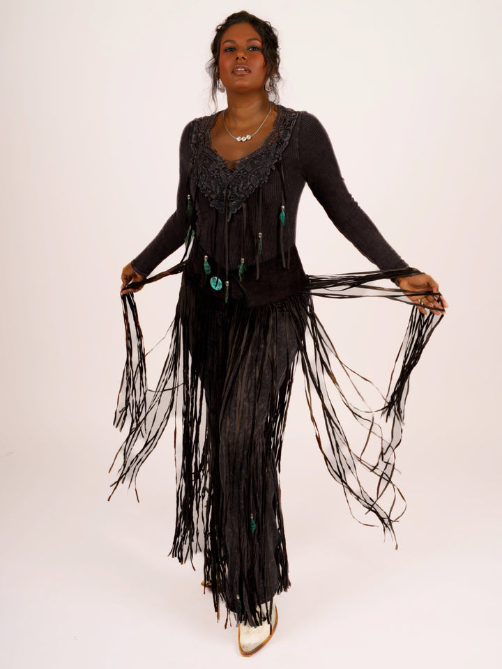 Lainey Long Fringe Black Western Belt by Pat Dahnke