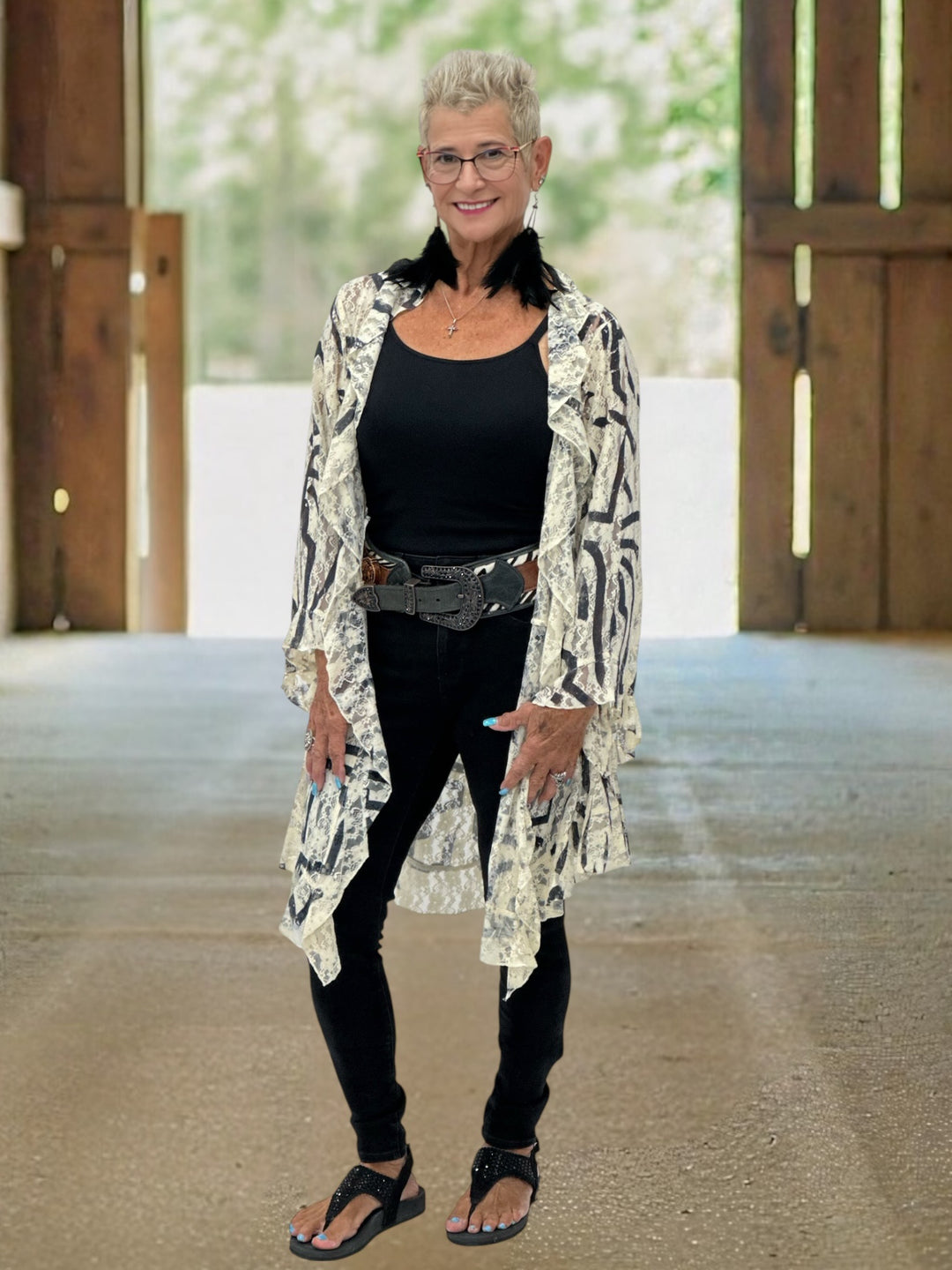 Ivory & Black Stripe Sheer Lace Duster