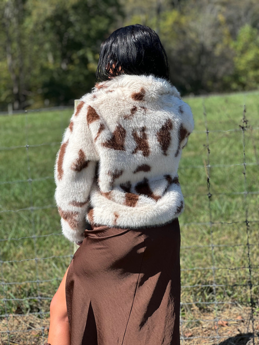 Faux Fur Cow Print Cropped Jacket