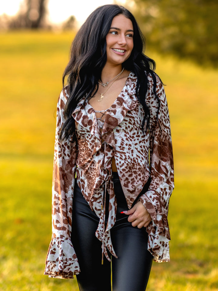 Leopard Print Ruffle Lace-Up Blouse