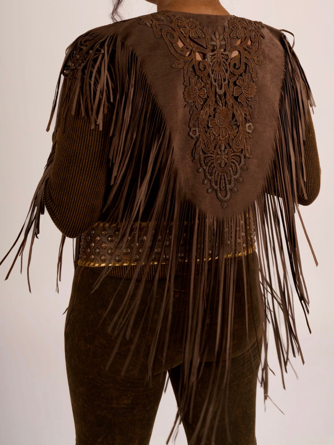 Handcrafted Chocolate Suede Shoulder Fringe Collar by Pat Dahnke