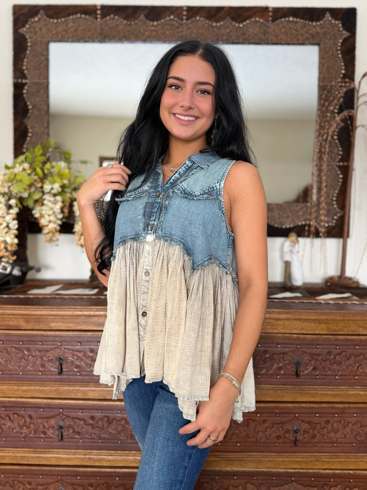 Boho Western Distressed Denim Sleeveless Tunic Top