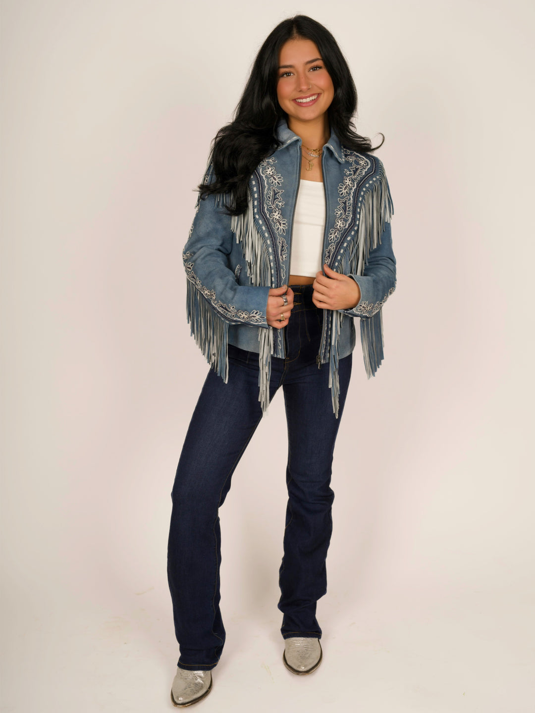 Light Blue Women’s Fringe Suede Leather Jacket