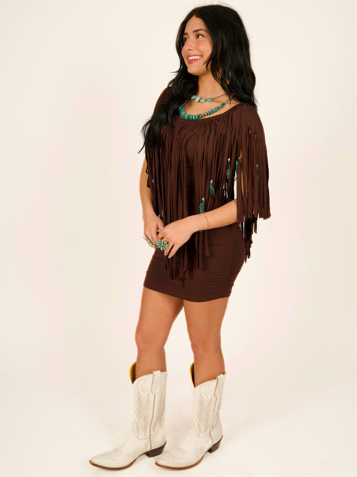 Feather & Fringe Peasant Body-con Mini Dress