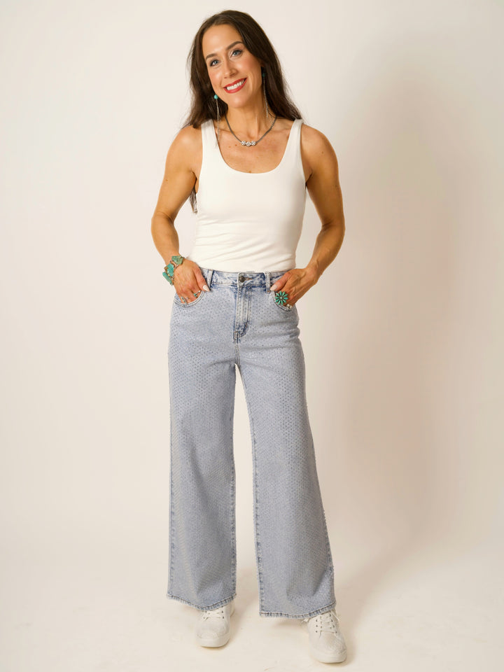 High-Rise Wide-Leg All-Over Rhinestone Jeans