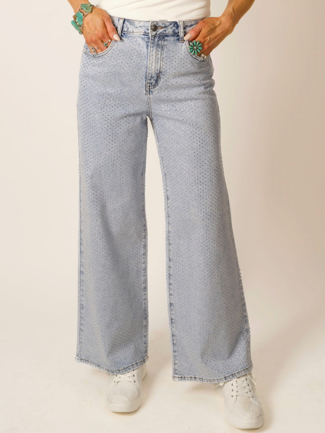 High-Rise Wide-Leg All-Over Rhinestone Jeans