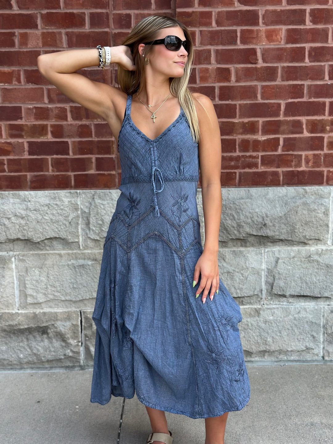 Adjustable Strap Floral Embroidery MIDI Dress