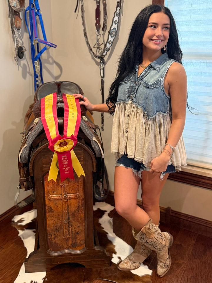 Boho Western Distressed Denim Sleeveless Tunic Top