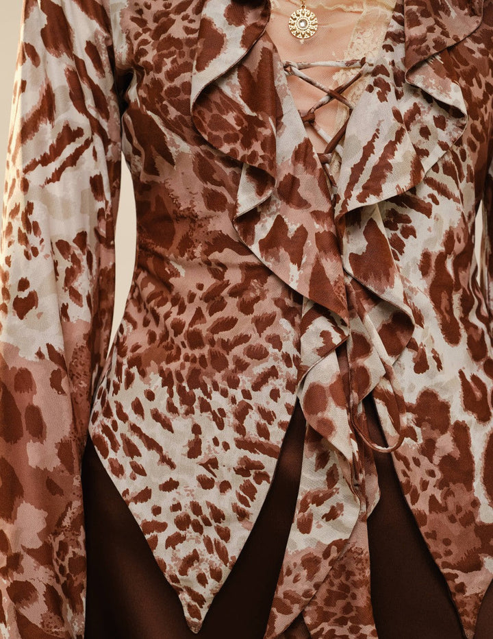 Leopard Print Ruffle Lace-Up Blouse