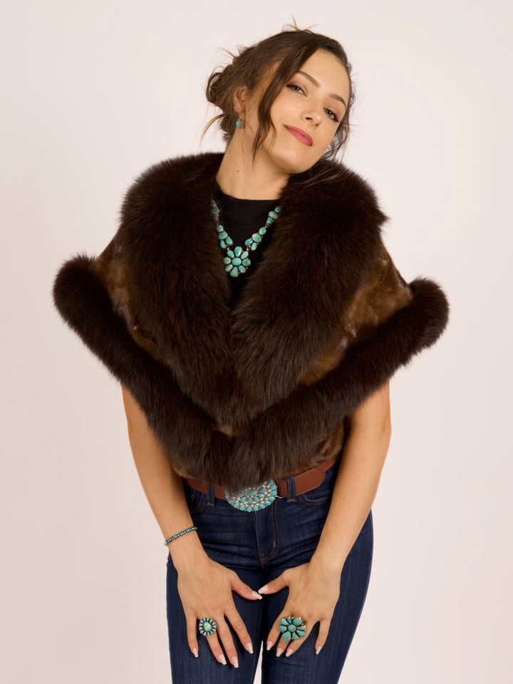 Premium Brown Mink & Fox Fur Cape