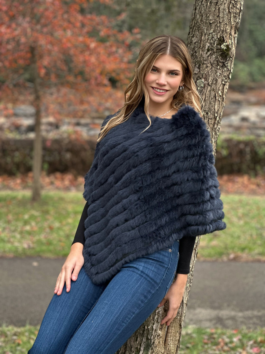 Navy Knitted Rabbit Fur Poncho