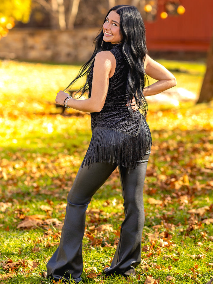 Fringed Mockneck Asymmetric Hem Mesh Top