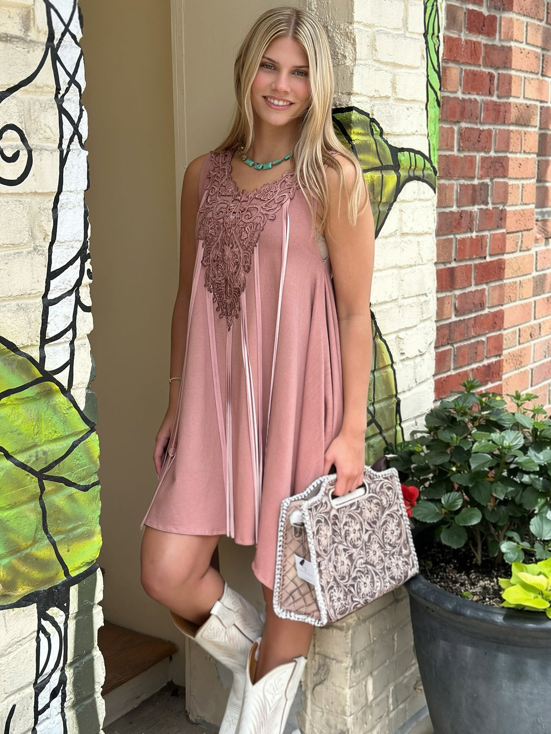 Pink Shark Bite Sleeveless Designer Dress with Pigsuede Fringe & Lace Neckline