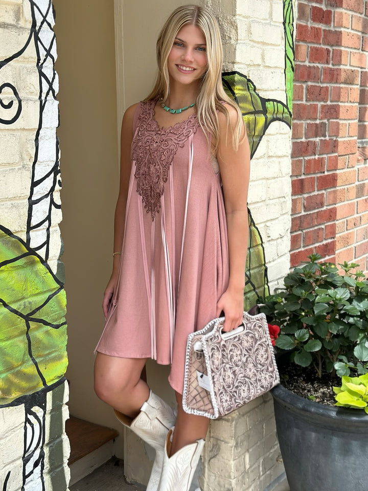 Pink Shark Bite Sleeveless Designer Dress with Pigsuede Fringe & Lace Neckline