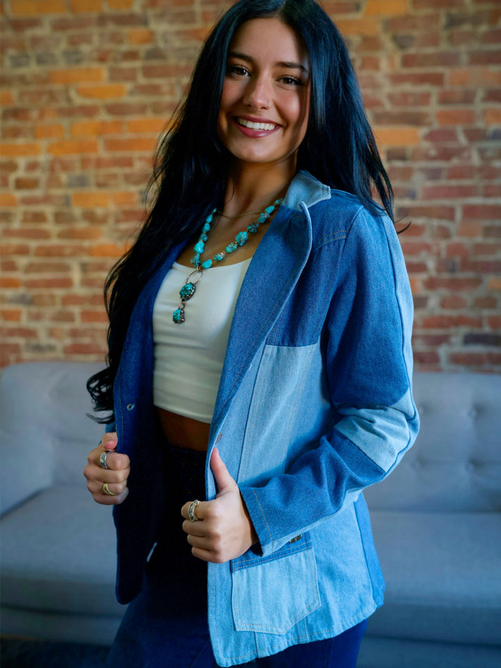 Two-Toned Patchwork Denim Blazer