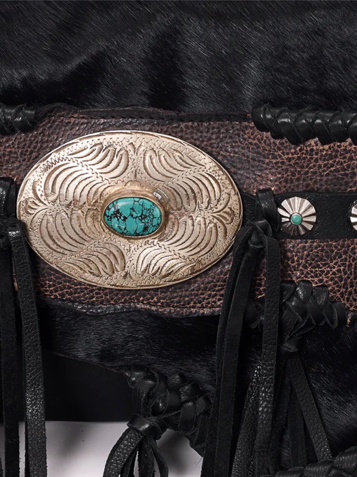 Silver Concho Turquoise Inlay Black Leather Fringe Crossbody