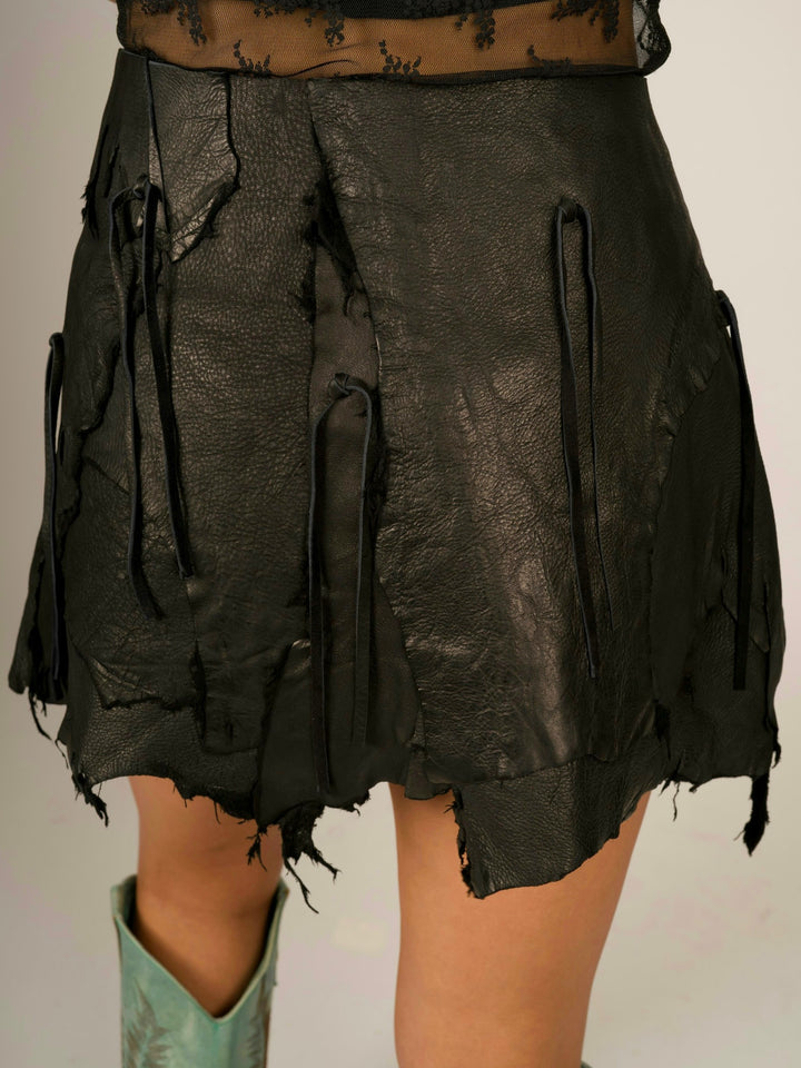 Belt Buckle Black Deer Skin Leather Fringe Wrap Mini Skirt