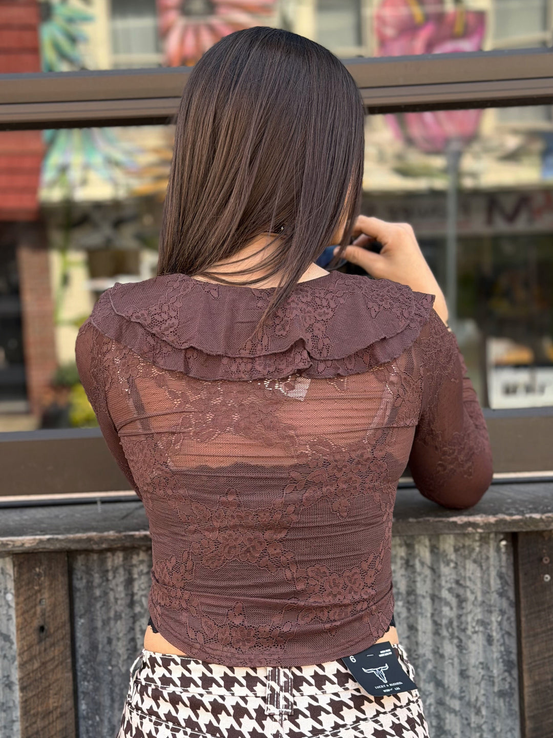 Elara Mocha Floral Lace Ruffle Top