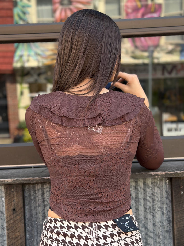 Elara Mocha Floral Lace Ruffle Top