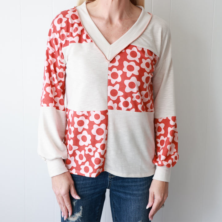 Floral Contrast Stitched V Neck Top