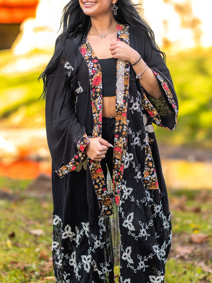 POL Oversized Boho Cardigan - Black Crochet Lace Patch Duster
